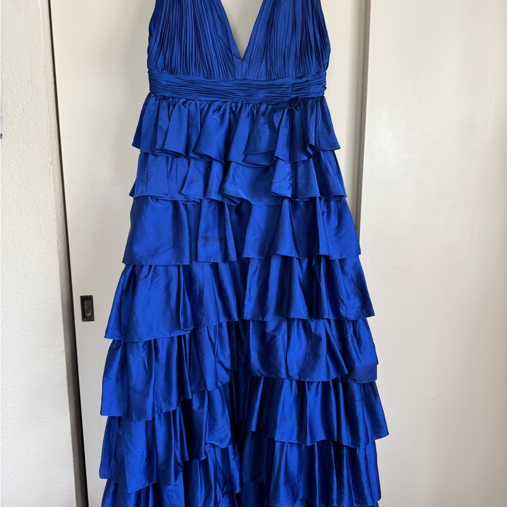 MAC DUGGAL size 14 Blue Ruffled Tiered Maxi Gown for Prom